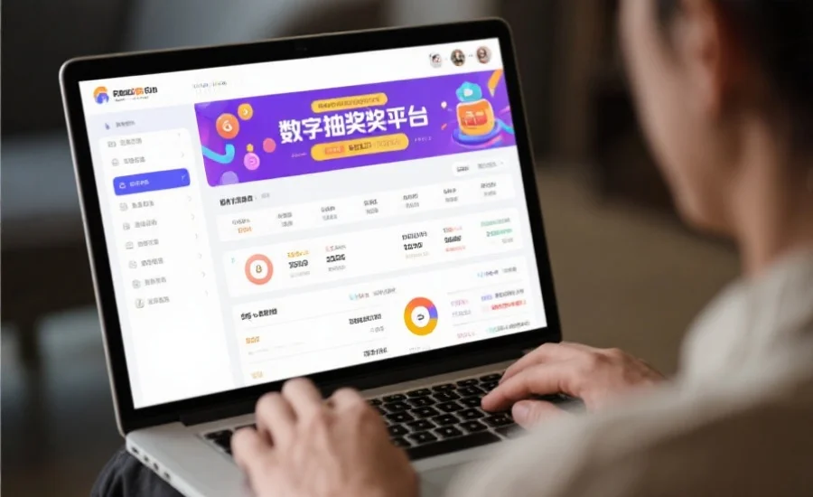 用户在笔记本电脑上浏览数字抽奖平台首页，屏幕显示清晰的导航和数据更新界面