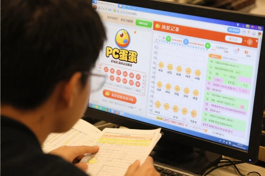 一位用户正在分析PC蛋蛋开奖记录，屏幕上显示着走势图和术语解释，氛围专注且积极
